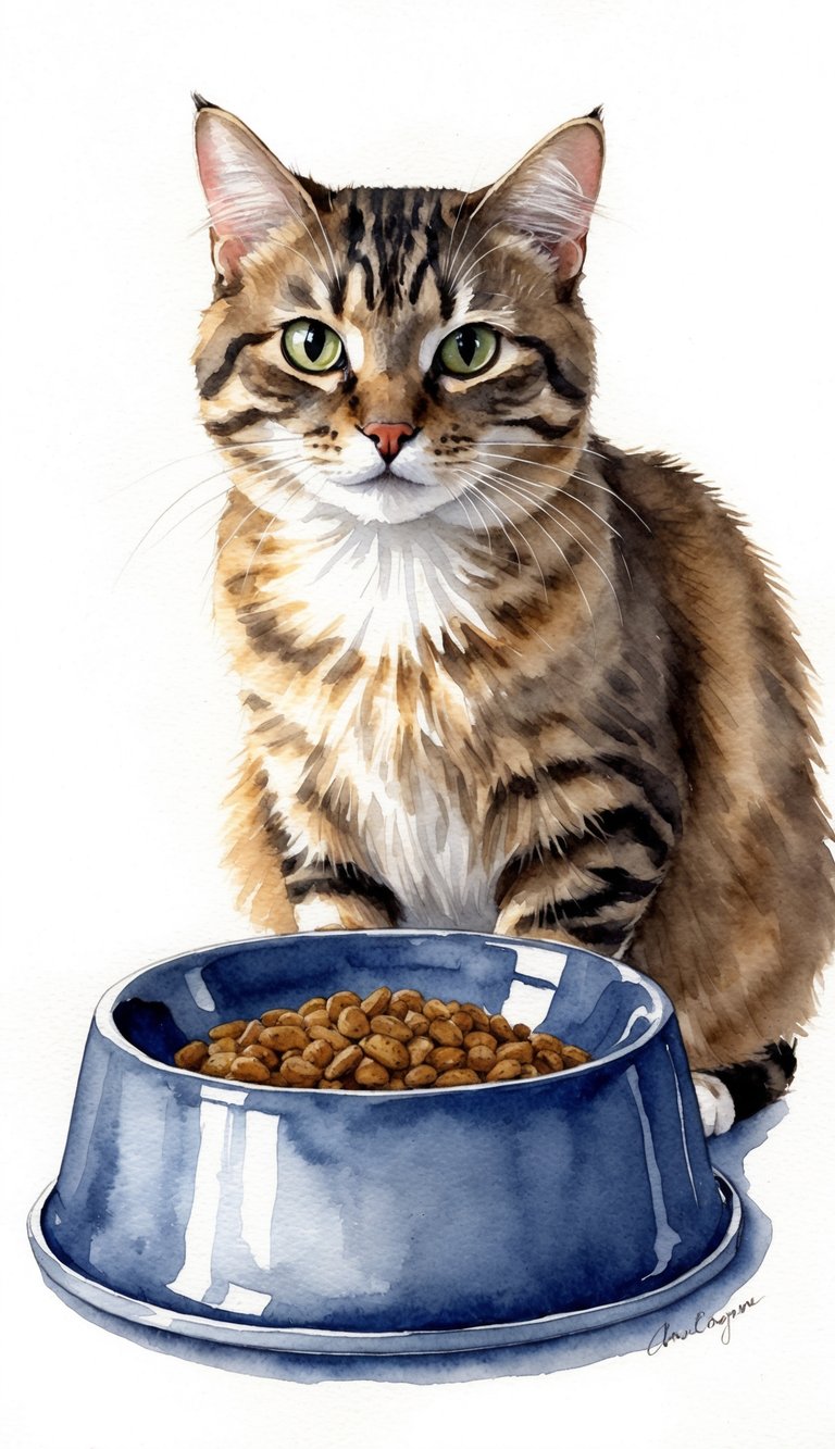 A cat sits proudly by her food bowl, making eye contact with the viewer, as if to say, "Watch me eat."