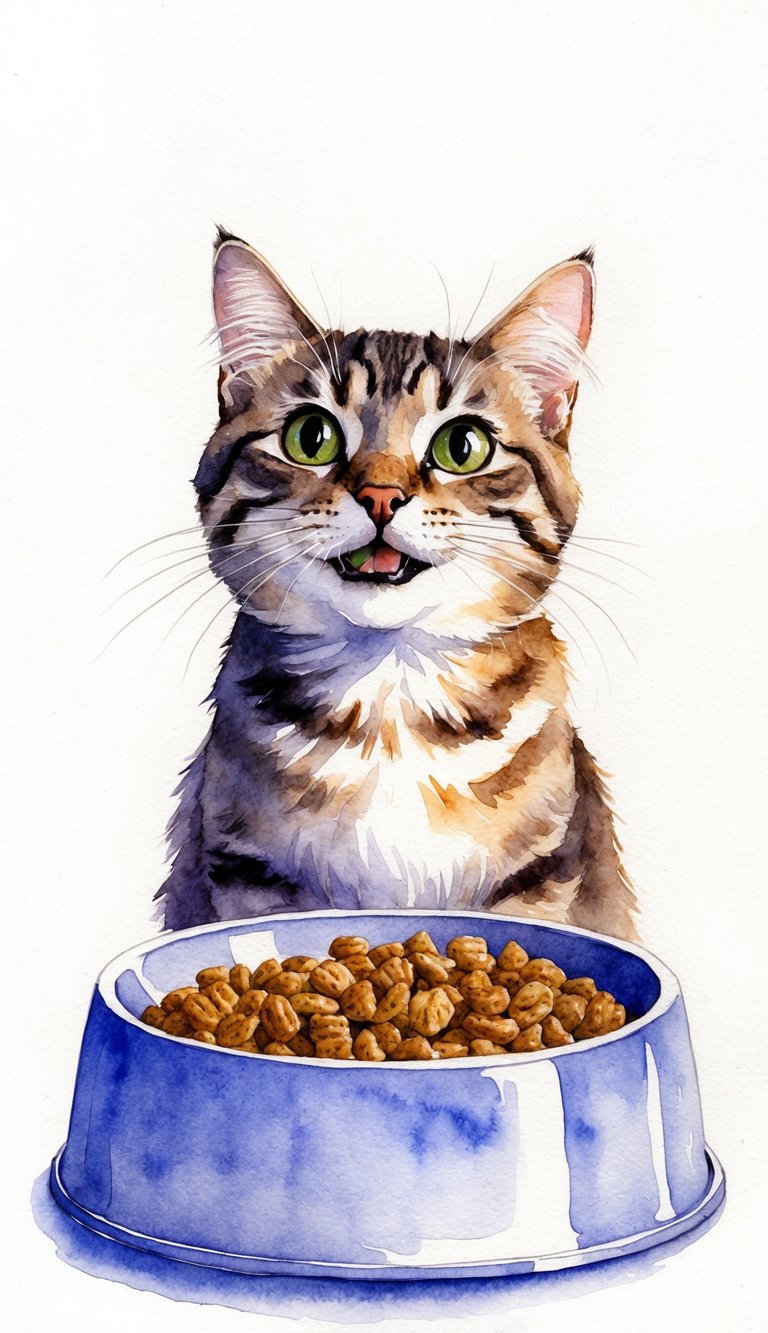 A cat sitting in front of her food bowl, looking up at the viewer with expectant eyes, while happily munching on her kibble
