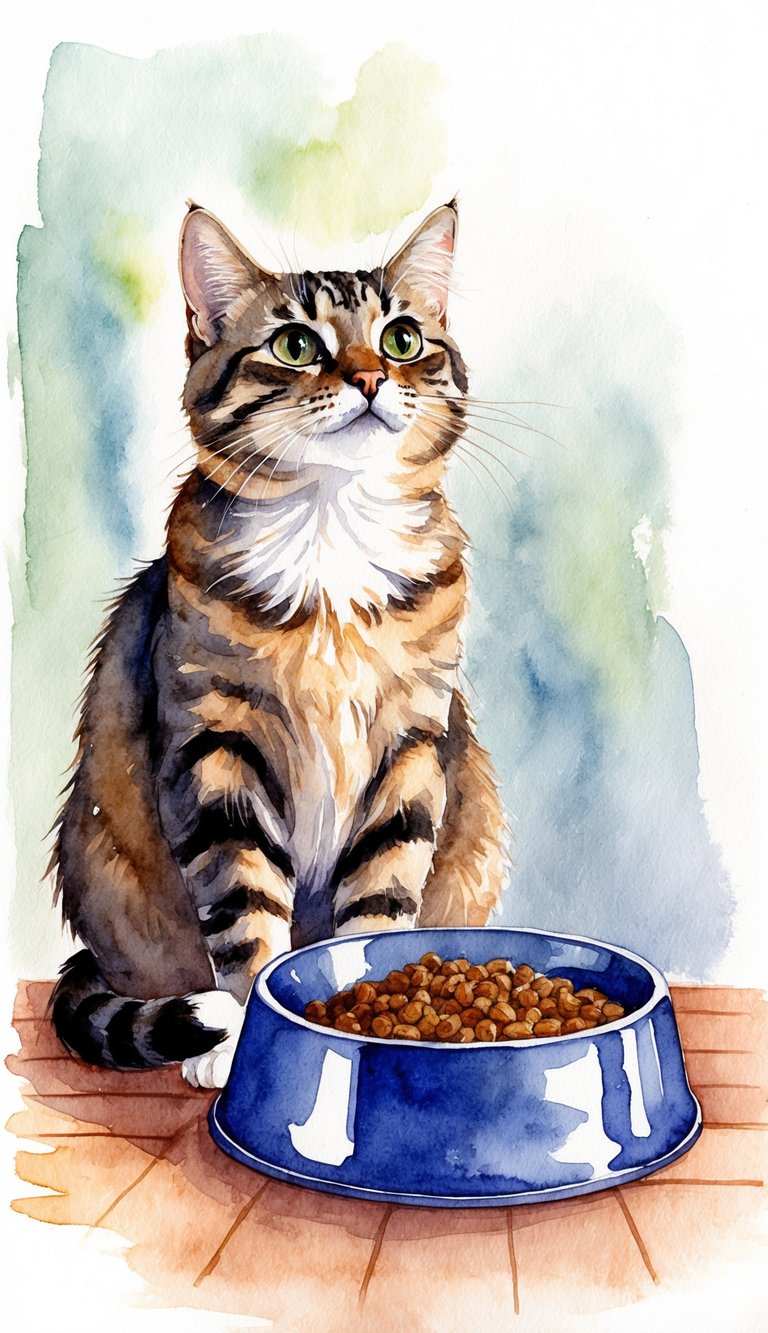 A cat sitting by its food bowl, looking up at the viewer with expectant eyes