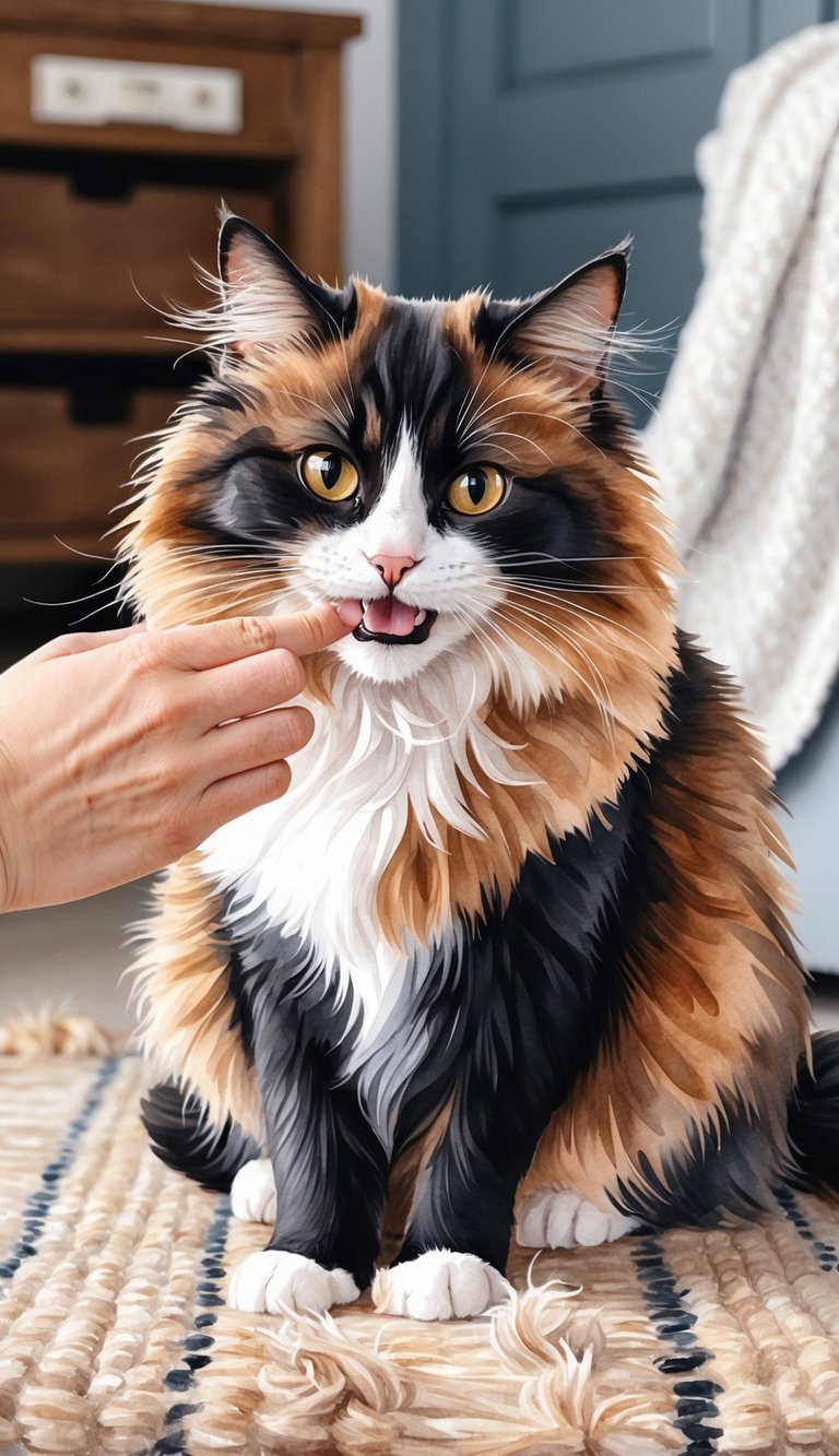 A fluffy, brown and black cat sits on a cozy rug, happily gnawing on its owner's fingers with a curious expression