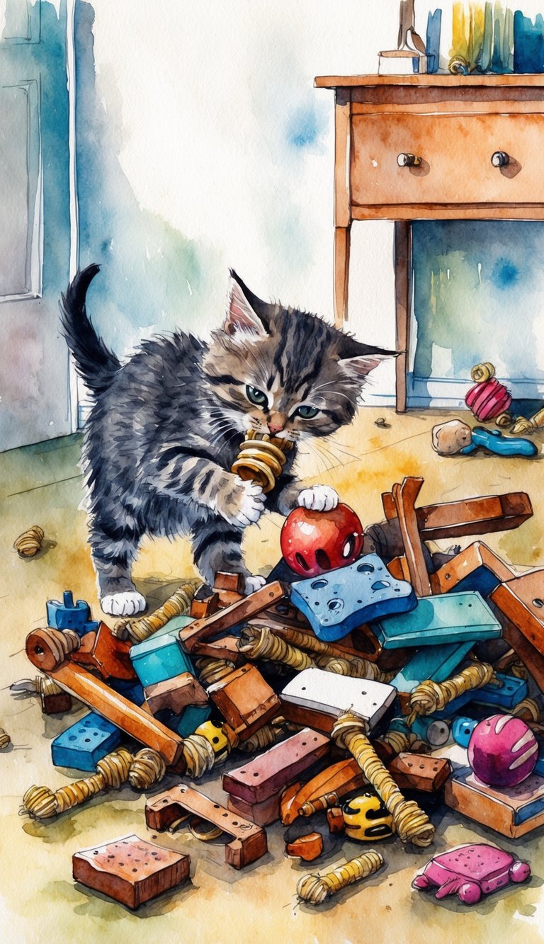 A mischievous kitten gnaws on a chew toy, while a pile of gnawed furniture and toys lay scattered around the room