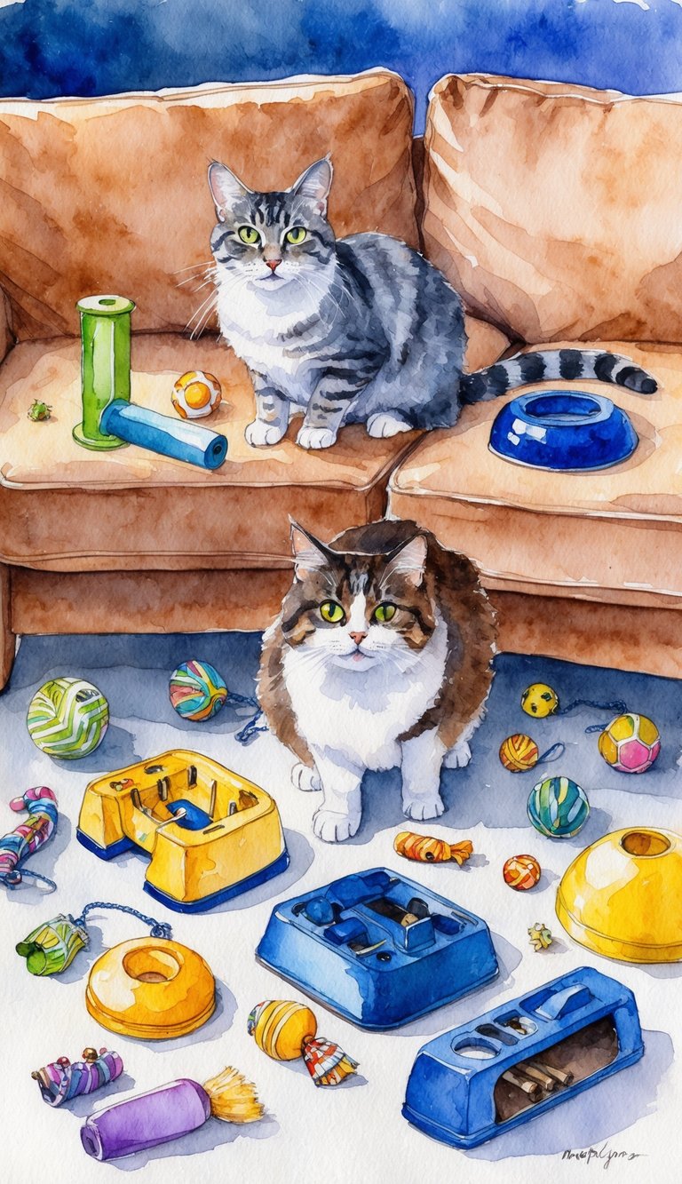 A variety of cat deterrents and toys scattered around a chewed-up sofa and a curious cat with a guilty look