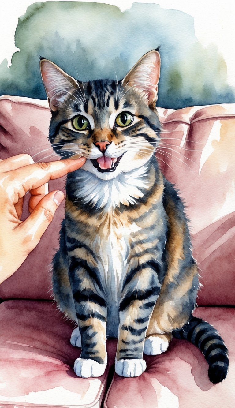 A curious cat sitting on a cozy couch, playfully nibbling on a person's fingers