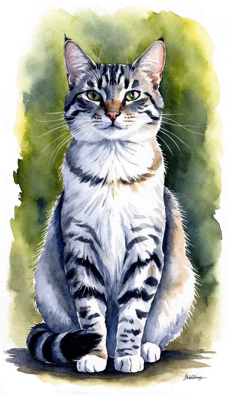 A cat sitting with its ears forward, tail held high, and eyes narrowed in a relaxed manner, indicating contentment and confidence