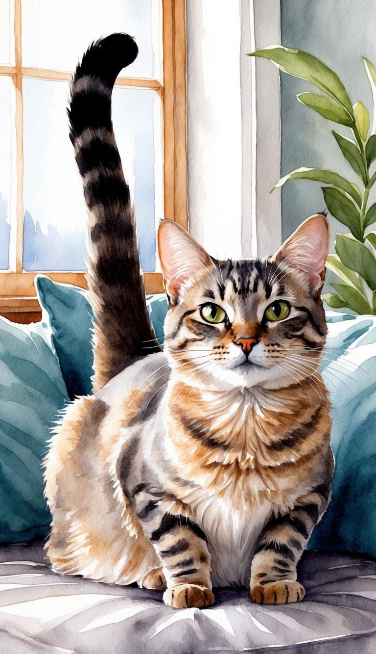 A cat with its tail held high, ears forward, and relaxed posture, exuding confidence and contentment in a cozy indoor setting