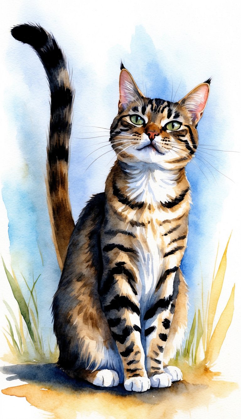 A cat with a raised tail and tense body, ears pinned back, and narrowed eyes, indicating agitation or annoyance