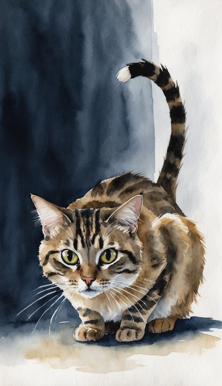 A cat crouching low with dilated pupils, ears flattened, and tail puffed up, facing a looming shadow
