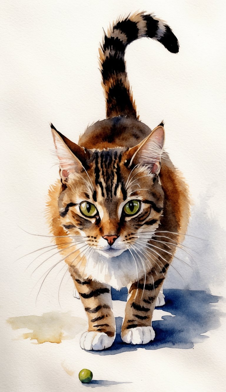 A cat crouches low, ears back and tail twitching, eyes fixed on a small moving object. Its whiskers are pulled back, ready to pounce