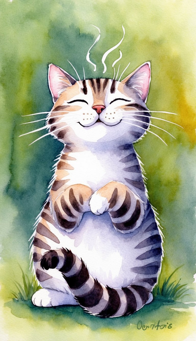 A contented cat with closed eyes, arched back, and vibrating tail, purring softly