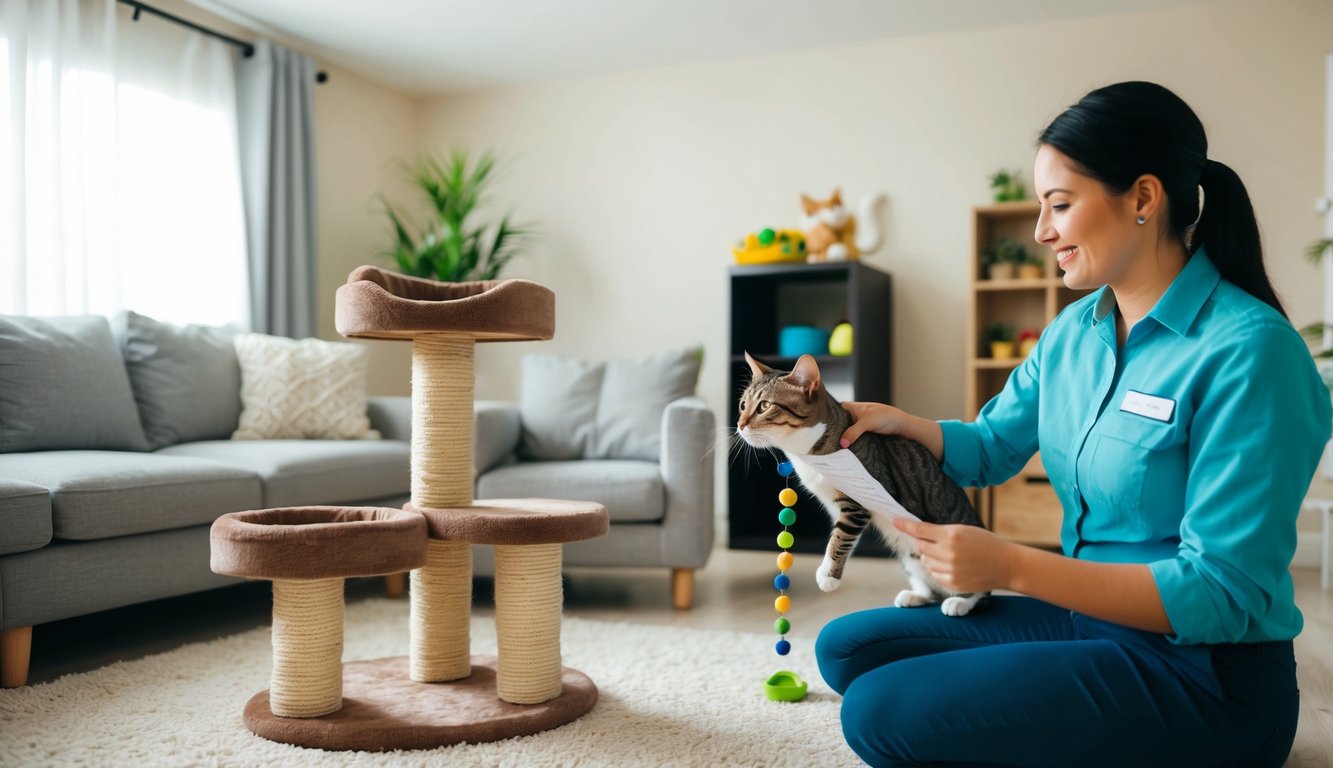 A cozy living room with a cat tree, toys, and food bowls. A cat sitter interacts with a happy cat while answering questions on a checklist