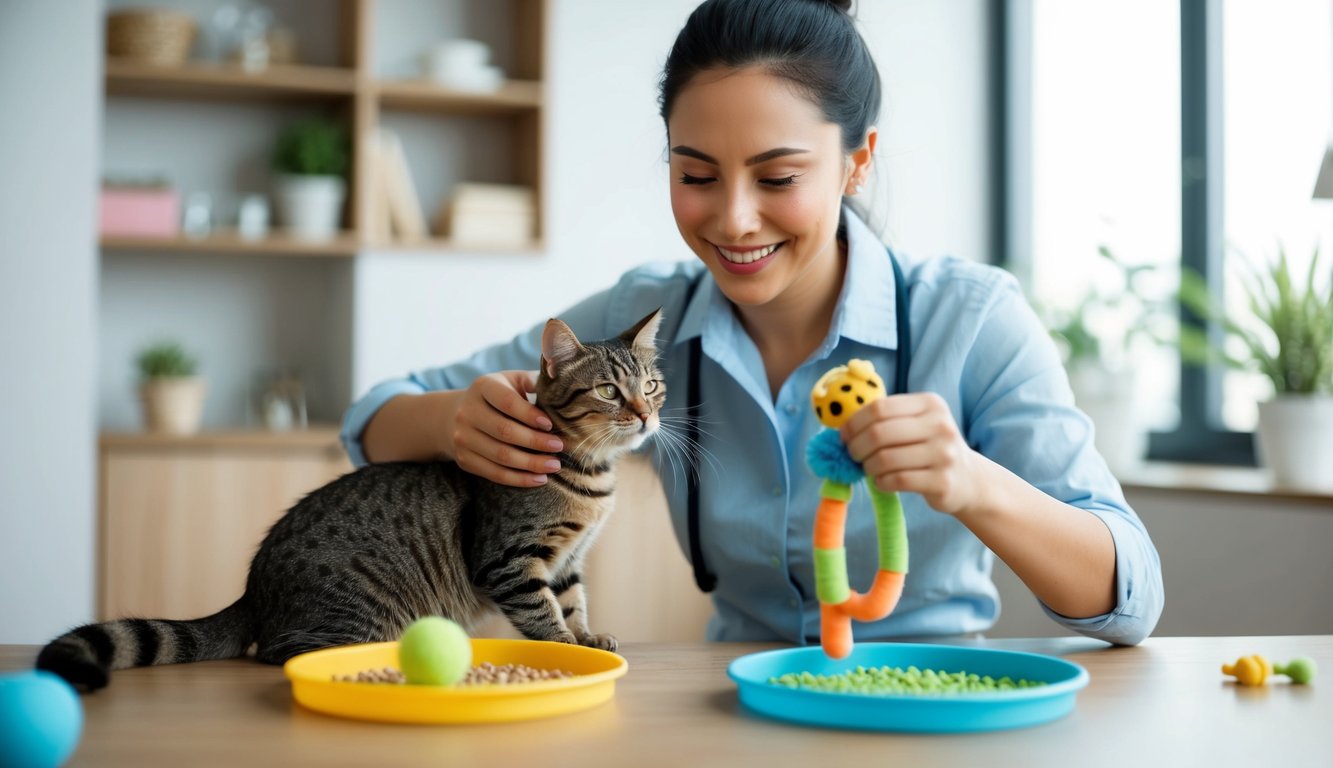 A cat sitter playing with a cat using various toys and engaging in interactive activities such as grooming, feeding, and providing affectionate attention