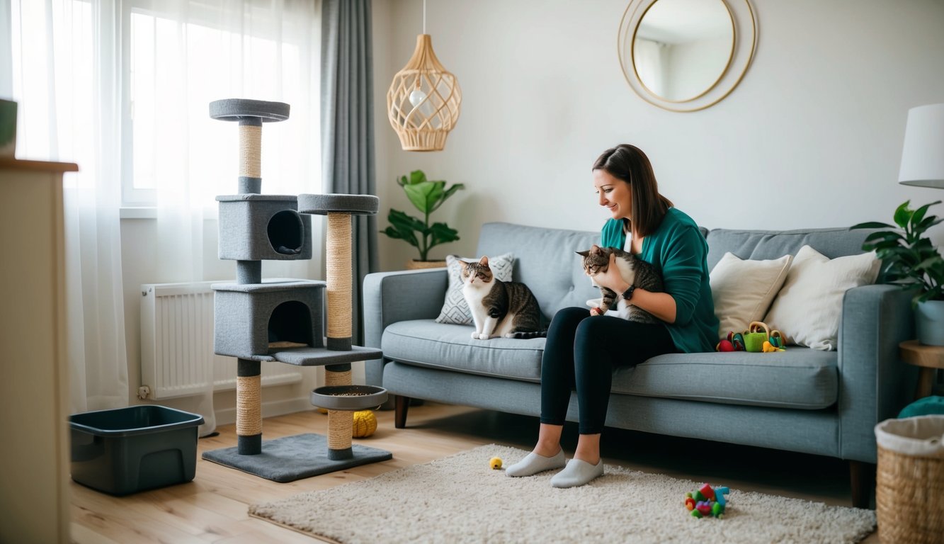 A cozy living room with a cat tree, food and water bowls, litter box, and toys scattered around. A cat sitter sits on the couch, engaging with a contented cat