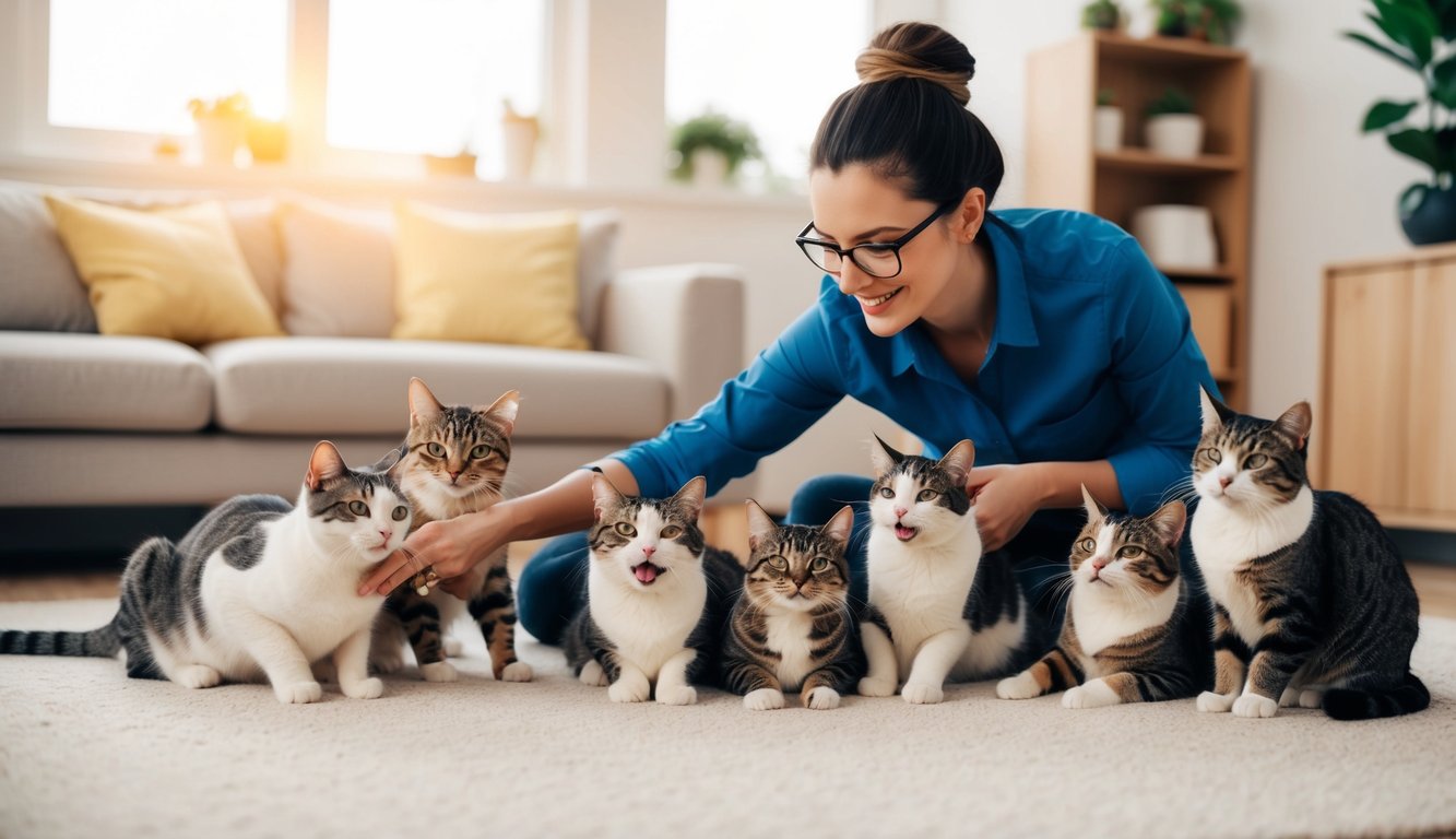 A cat sitter playing with a group of happy and relaxed cats in a cozy and well-equipped home environment
