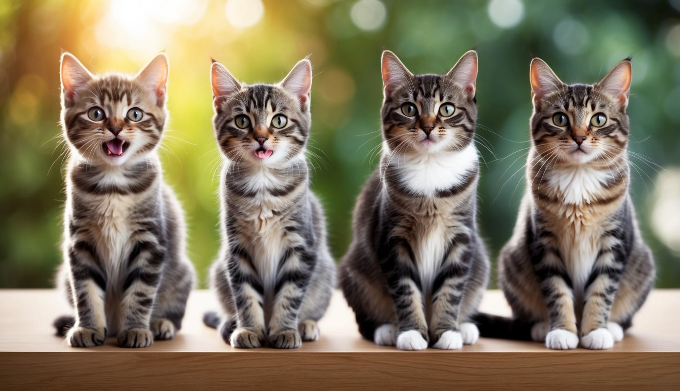 A playful kitten grows into a mature cat, then a senior feline. Each stage shows different needs, from energetic play to gentle care