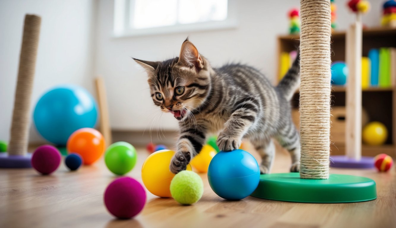 A playful kitten pouncing on toys in a room filled with colorful balls and scratching posts
