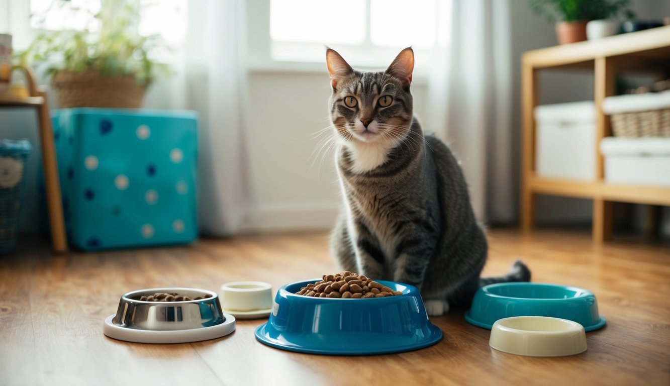 An adult cat sits beside a bowl of balanced cat food, surrounded by various age-appropriate cat care items