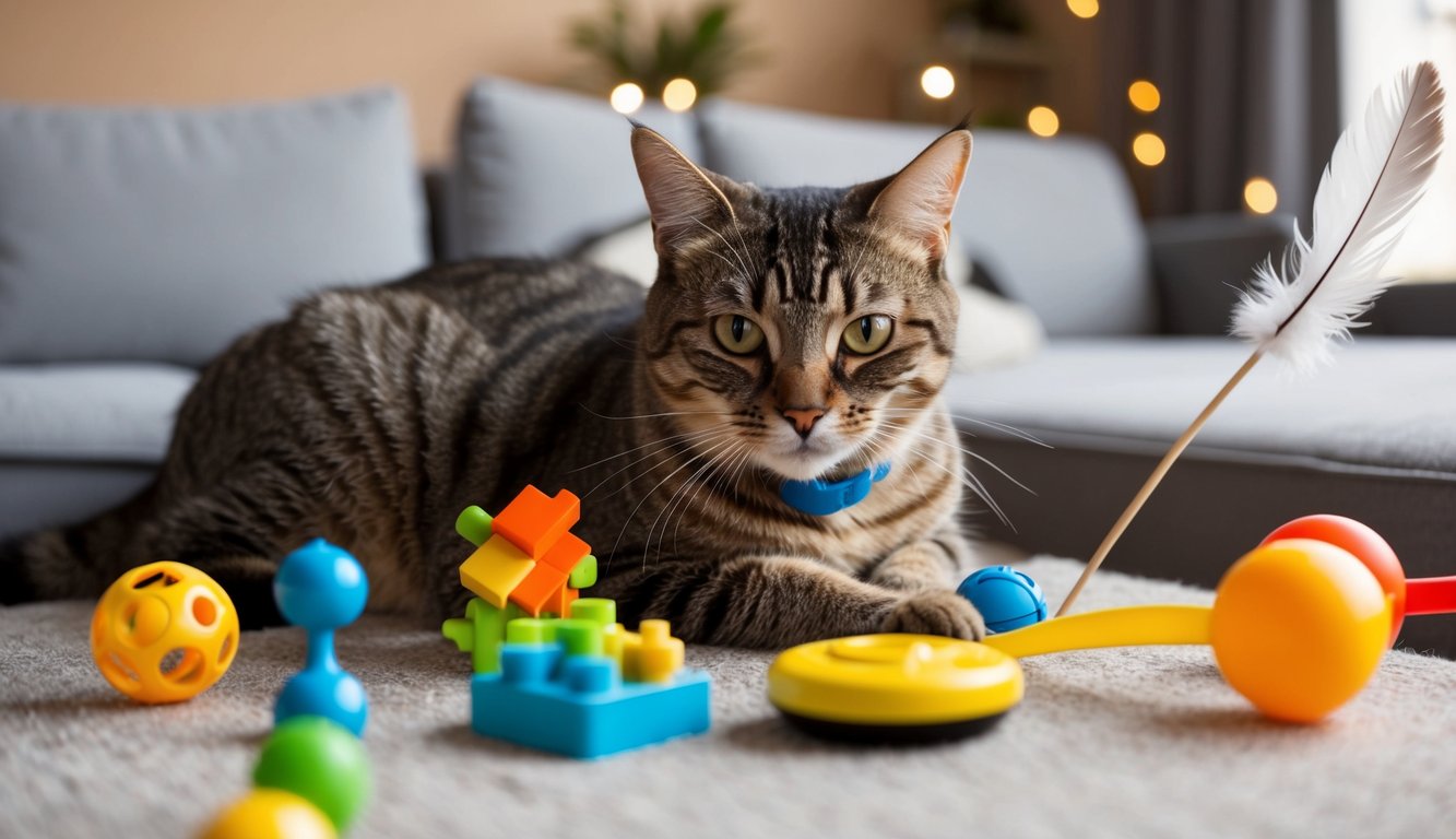 A mature cat playing with a variety of engaging toys, such as interactive puzzles and feather wands, in a cozy and comfortable environment