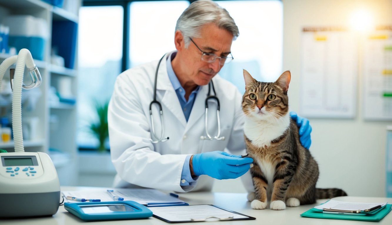 A senior cat receiving a thorough health assessment from a veterinarian, surrounded by medical equipment and charts