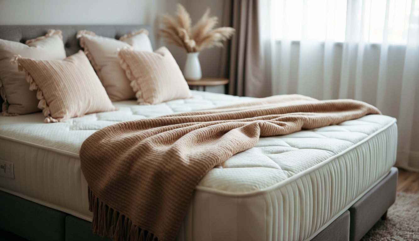 A cozy bed with a soft, supportive mattress and a warm blanket, surrounded by plush pillows and a gentle, comforting atmosphere