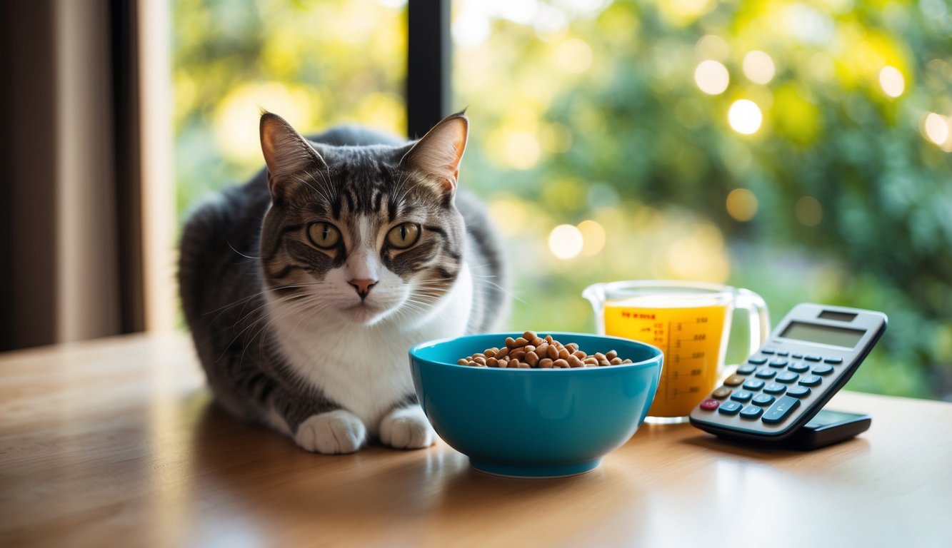 A cat sitting next to a bowl of food, with a measuring cup and a calculator nearby, representing the concept of monitoring caloric intake for weight management