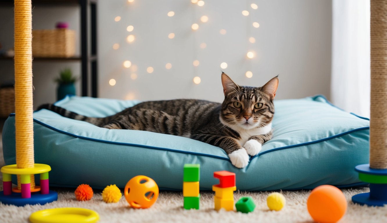 A senior cat lounges on a cozy bed surrounded by toys and enrichment activities, such as puzzle feeders and scratching posts