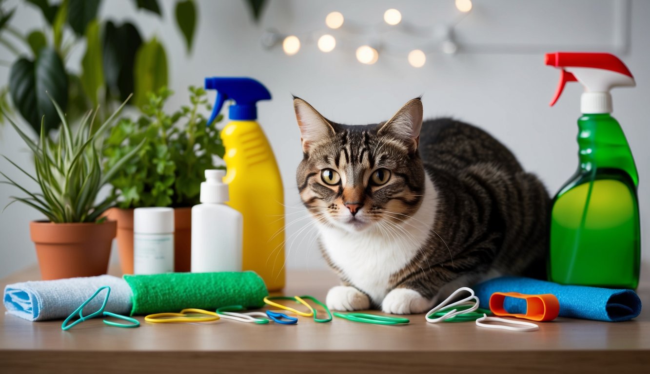 A cat surrounded by everyday household items, some potentially harmful, such as plants, cleaning supplies, and small objects like rubber bands and paper clips