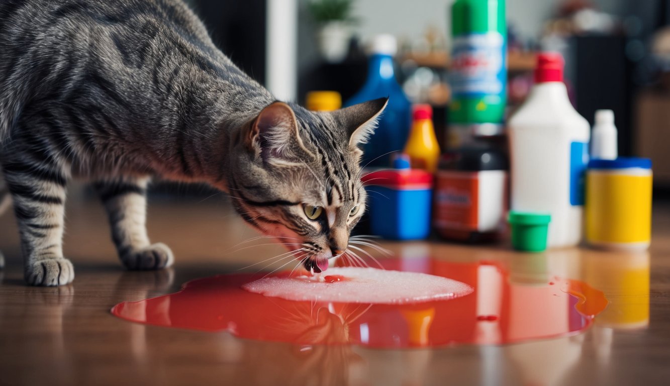 A cat drinking from a puddle of spilled antifreeze near a collection of common household items