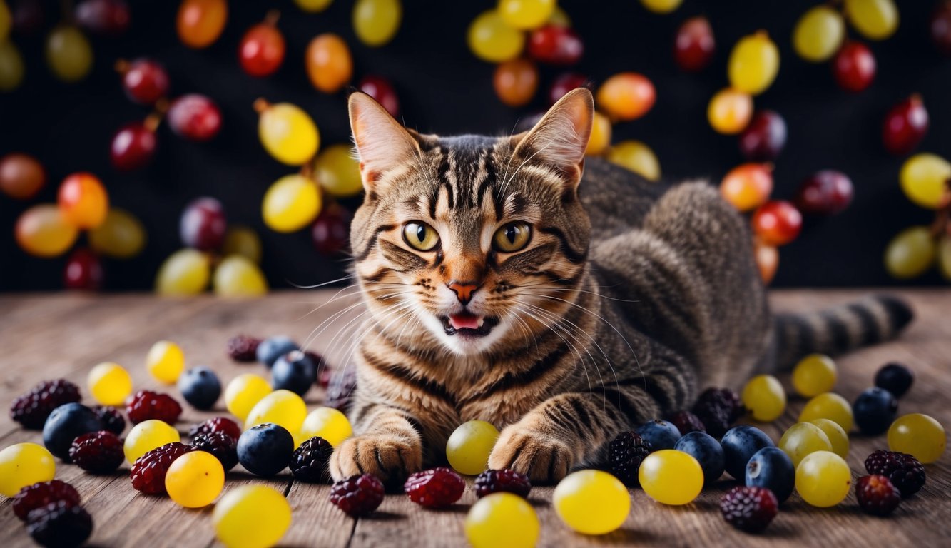 A playful cat surrounded by scattered grapes and raisins