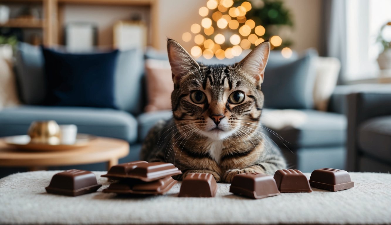 A curious cat surrounded by common household items, including chocolate, in a cozy living room setting