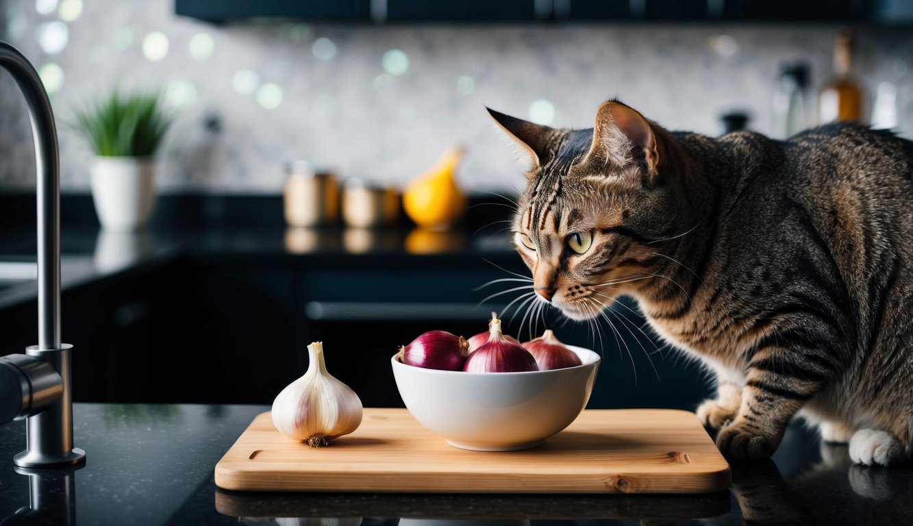 A cat sniffing a bowl of onions and garlic on a kitchen counter
