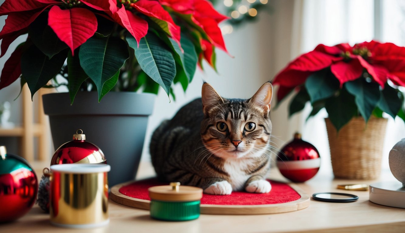 A curious cat surrounded by poinsettias and various household items