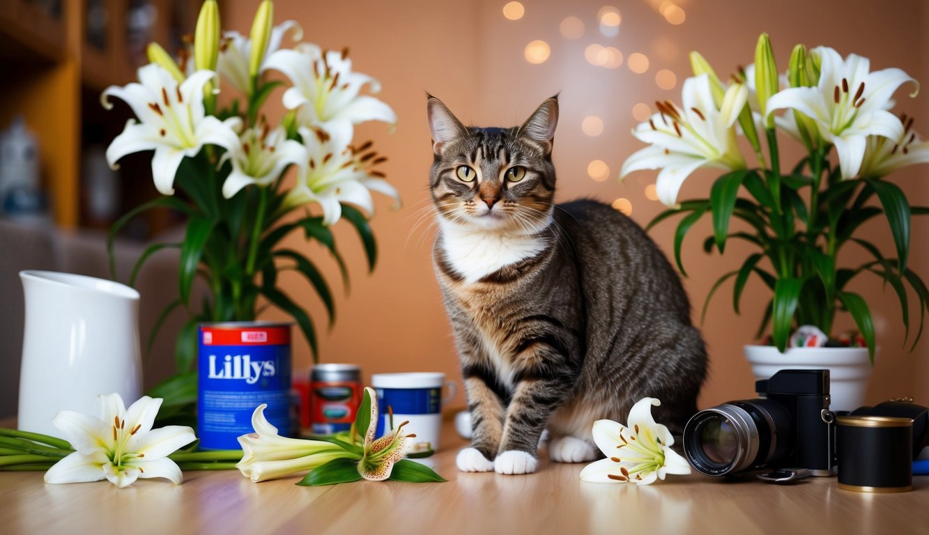 A cat surrounded by lilies and various household items