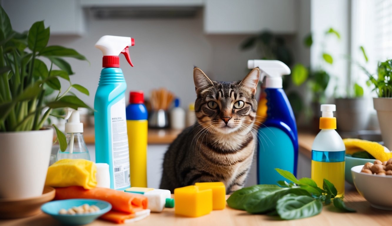 A cat surrounded by common household items, such as cleaning products, plants, and foods, with a sense of danger and harm looming in the air