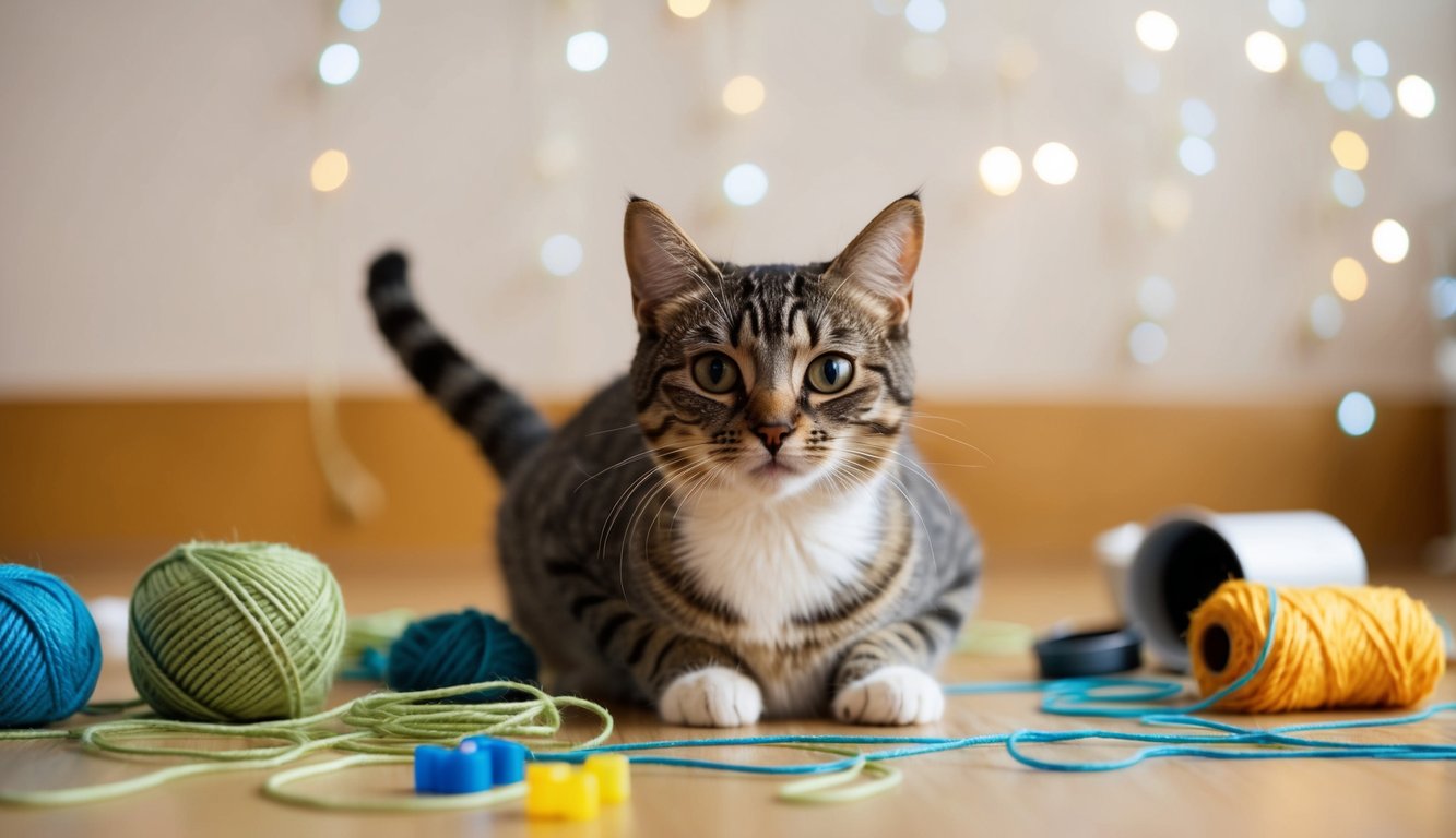A curious cat surrounded by string and yarn, with various household items scattered around, creating a potential hazard
