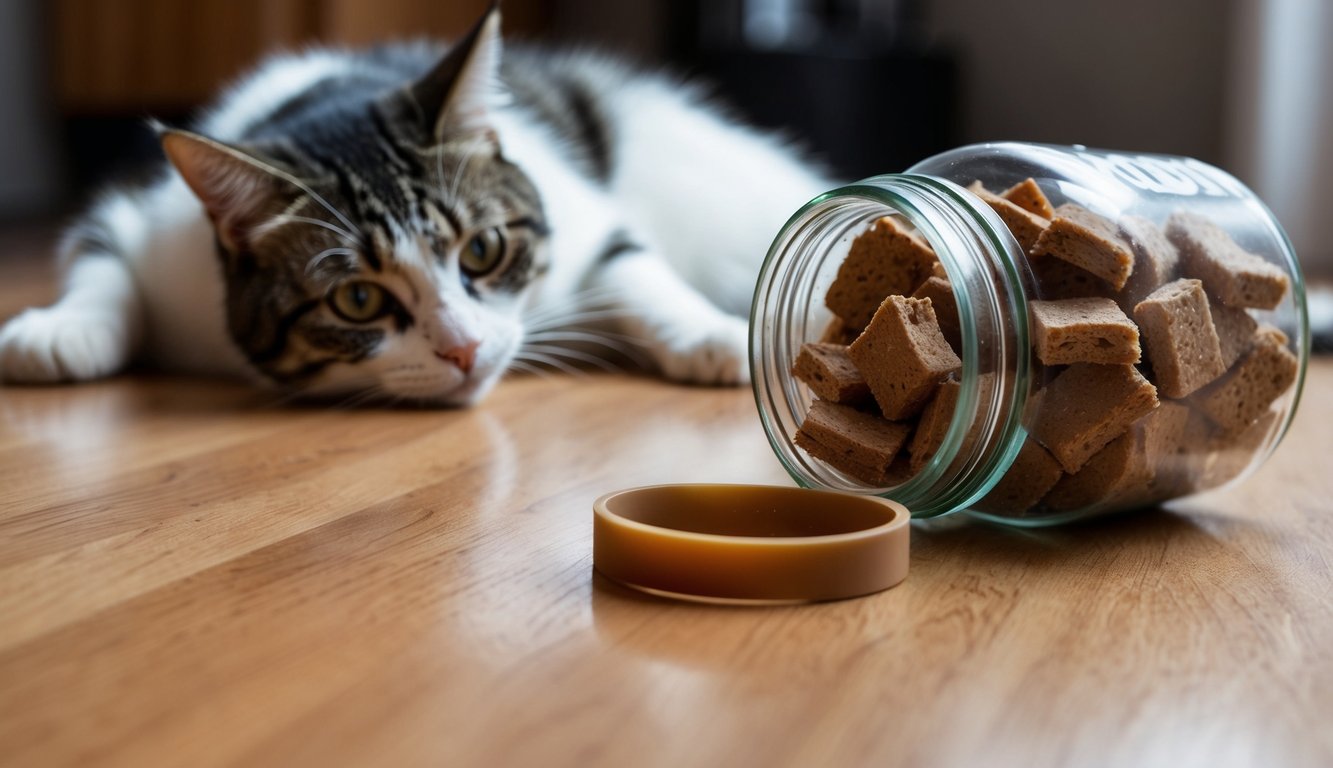 A rubber band lying next to a knocked-over jar of cat treats, with a curious cat in the background