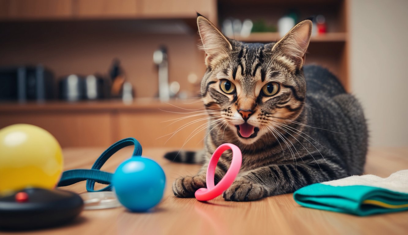 A cat playing with a hair tie among other household items