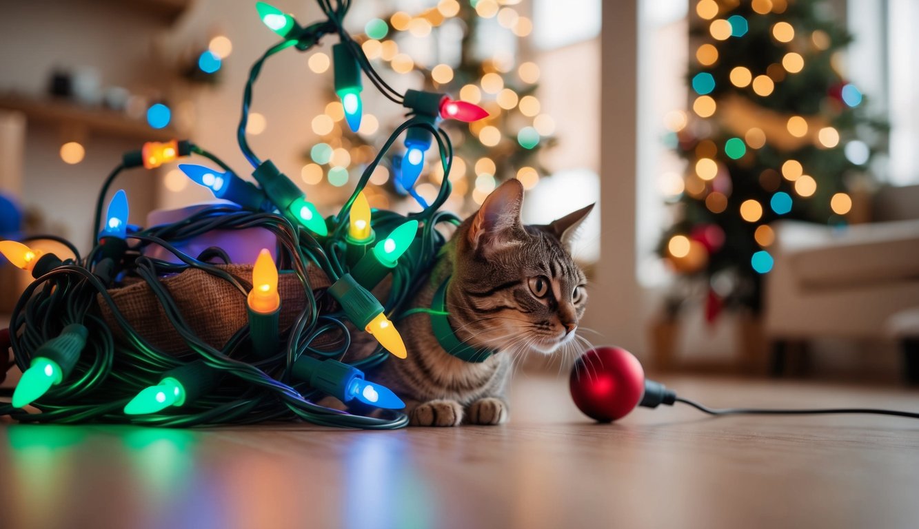 Colorful holiday lights entangled with household items, posing a silent threat to a curious cat