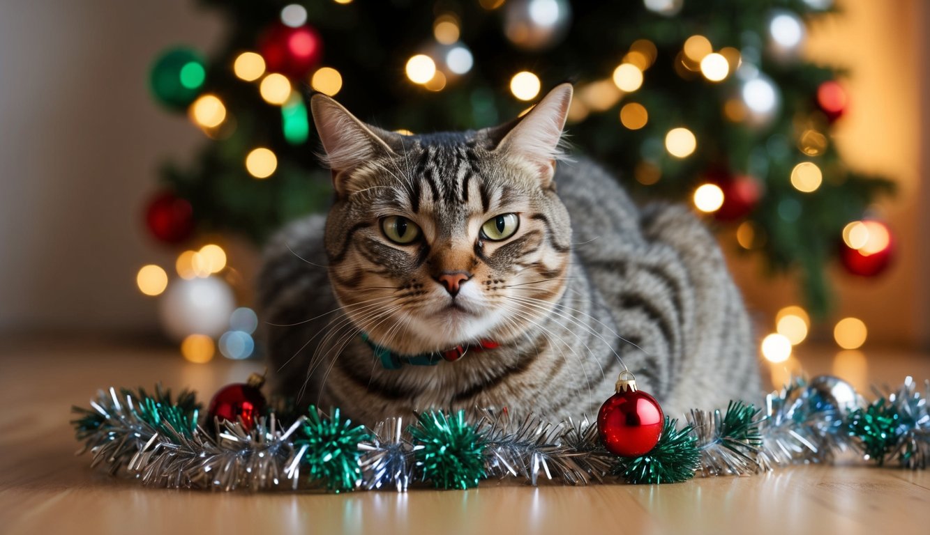 A cat surrounded by common household items, including tinsel, looking distressed