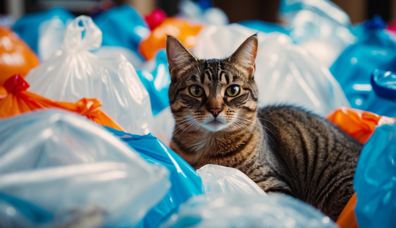 A cat surrounded by plastic bags, looking curious and wary