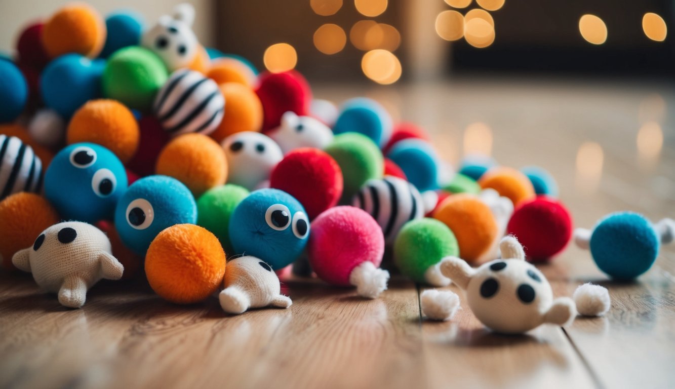 A pile of cheap cat toys with glued-on eyes scattered on the floor