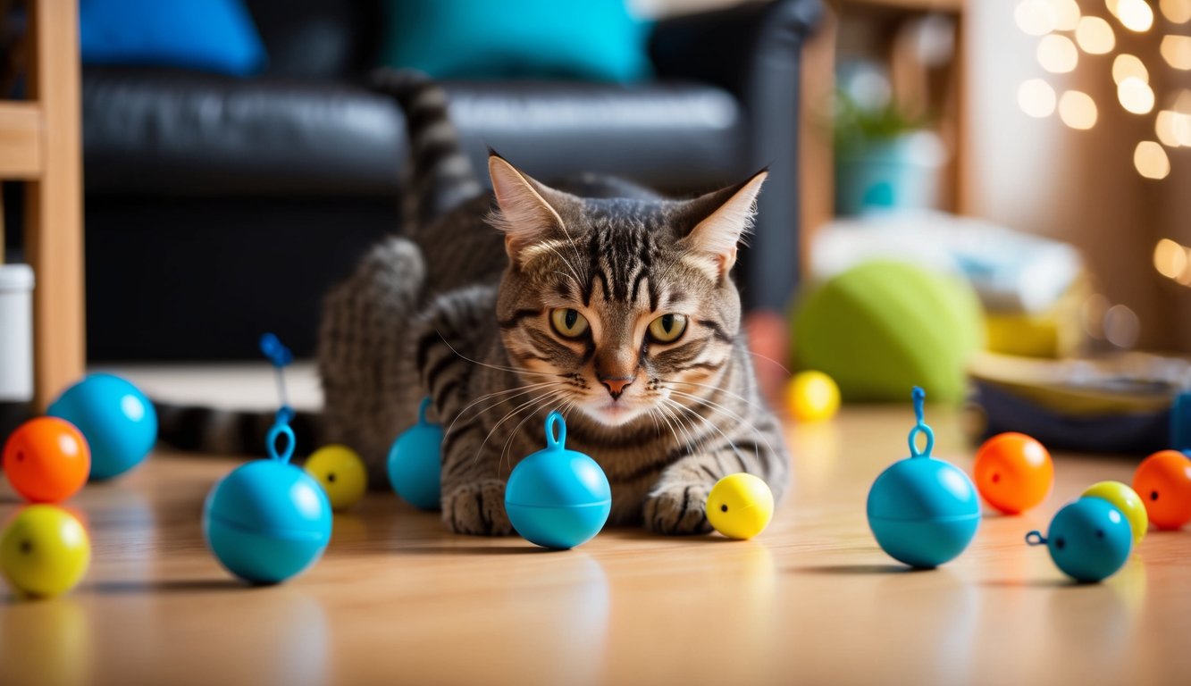 A cat playing with balls with tiny bells, surrounded by other common household items