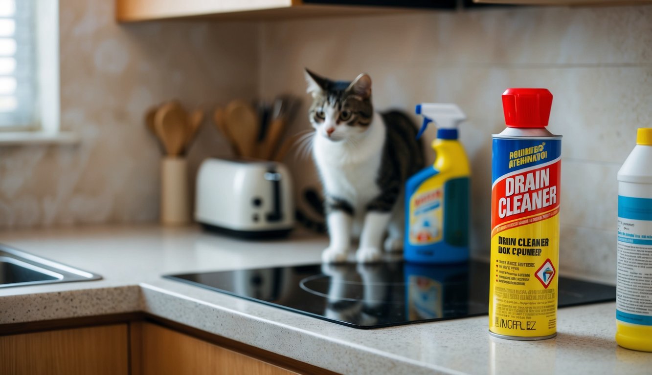 A bottle of drain cleaner sits on a cluttered countertop, next to other household items. A curious cat approaches, unaware of the danger