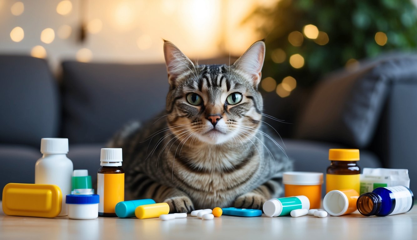 A cat surrounded by common household items, including medications, with a concerned expression on its face