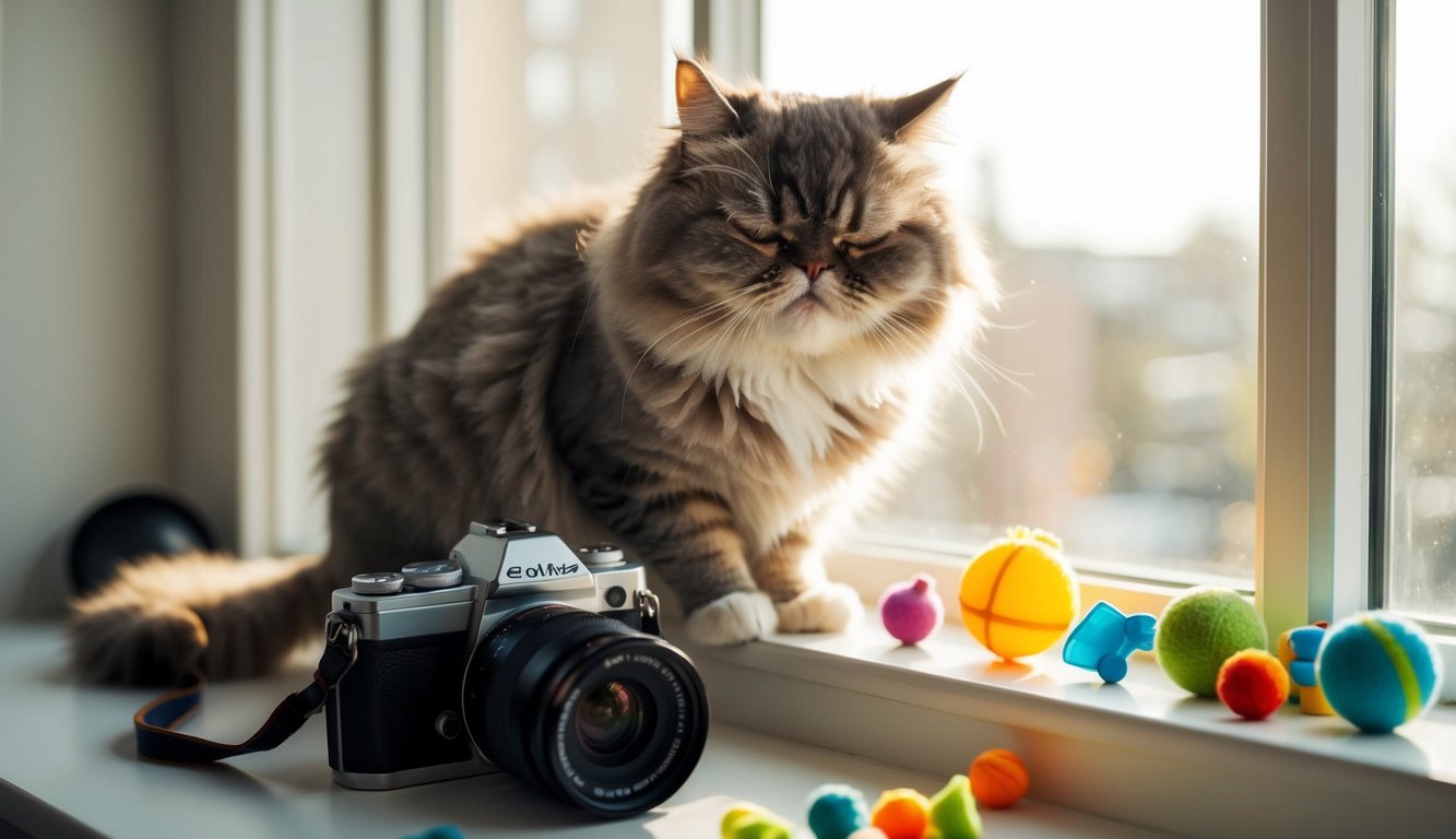A fluffy, disgruntled cat perched on a sunlit windowsill, surrounded by scattered toys and a camera poised to capture the perfect candid moment