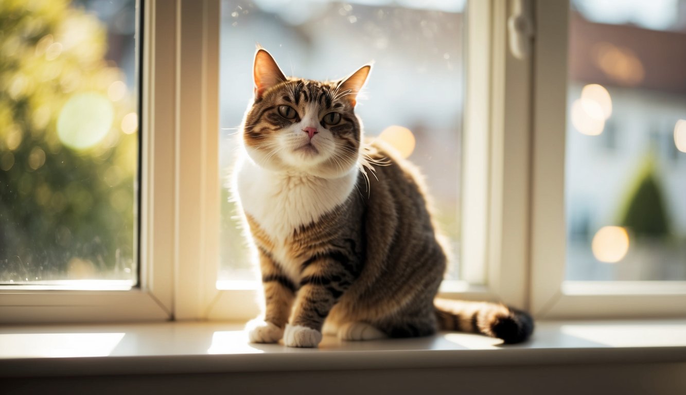 A cat sitting on a windowsill, looking out at the world with a slightly annoyed expression. The sunlight streaming in highlights the cat's fur, creating a warm and cozy atmosphere