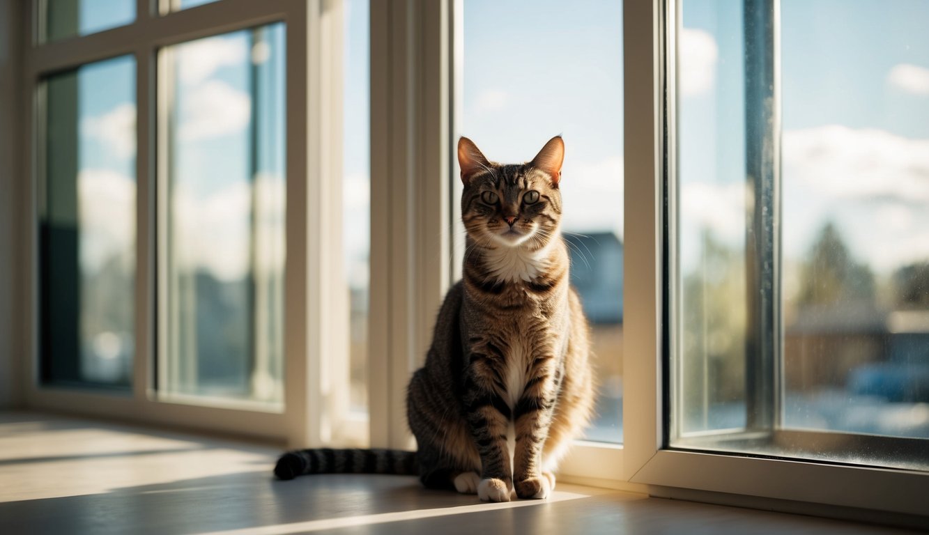 A cat sitting near a large window, with sunlight streaming in, casting sharp shadows and highlighting its fur