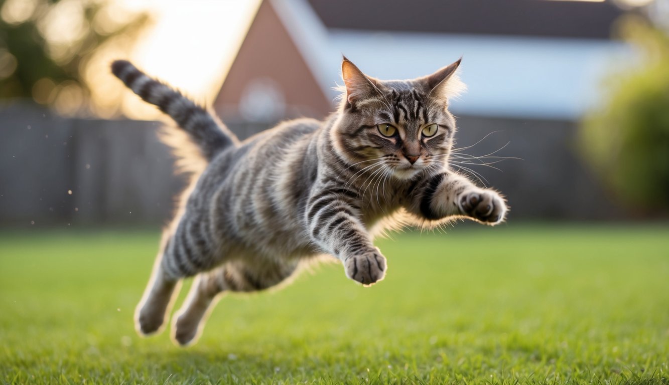 A cat mid-leap, paws outstretched, fur ruffled, eyes focused, capturing the essence of playful movement with a fast shutter speed