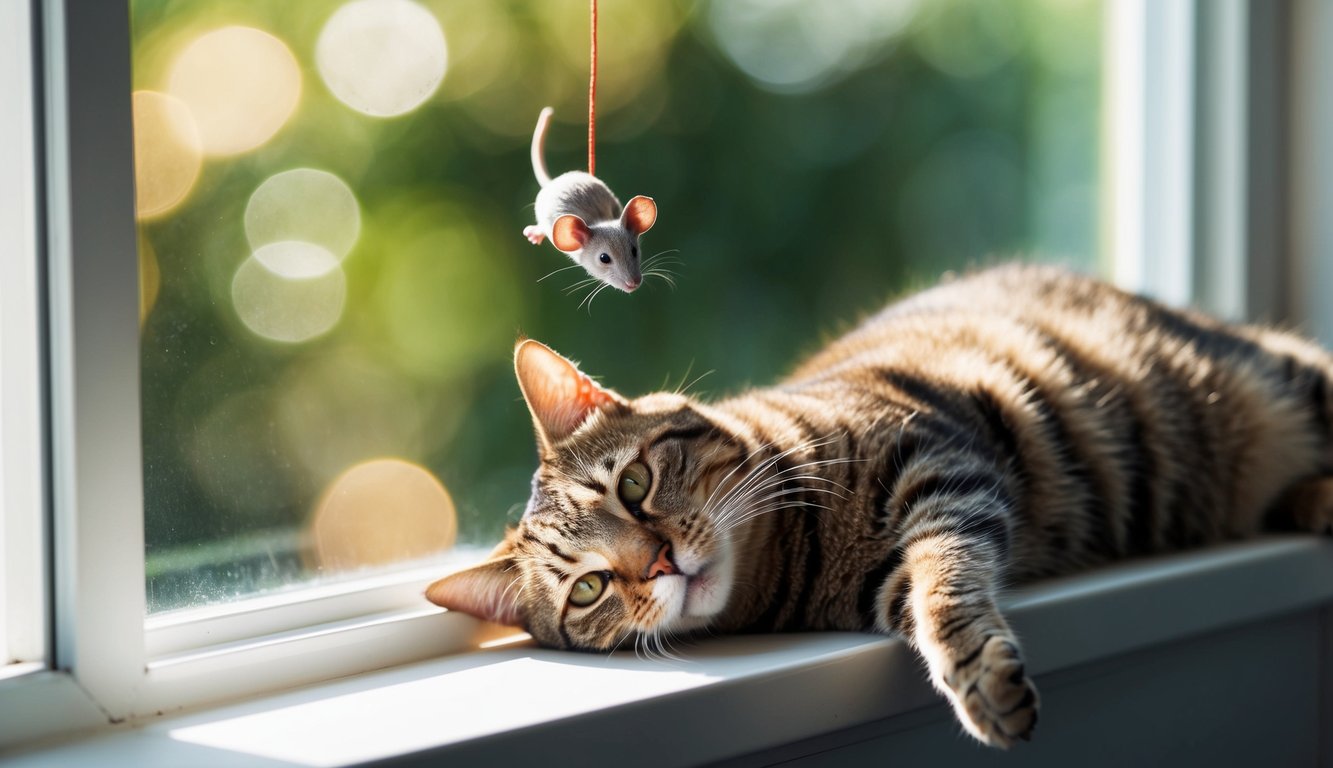 A cat lounges on a sunlit windowsill, its eyes half-closed. Suddenly, a toy mouse drops from above, catching the feline off guard