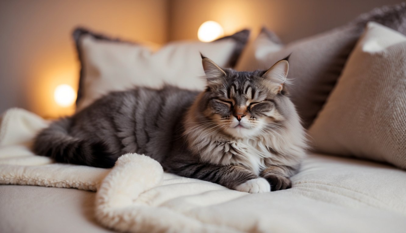 A fluffy cat lounges on a soft blanket, surrounded by cozy pillows and warm lighting, with its eyes closed and a content expression on its face