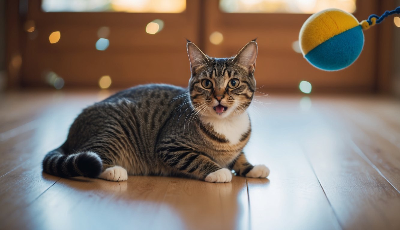 A playful cat sits in the lower left third of the frame, with a toy in the upper right third to create a balanced composition